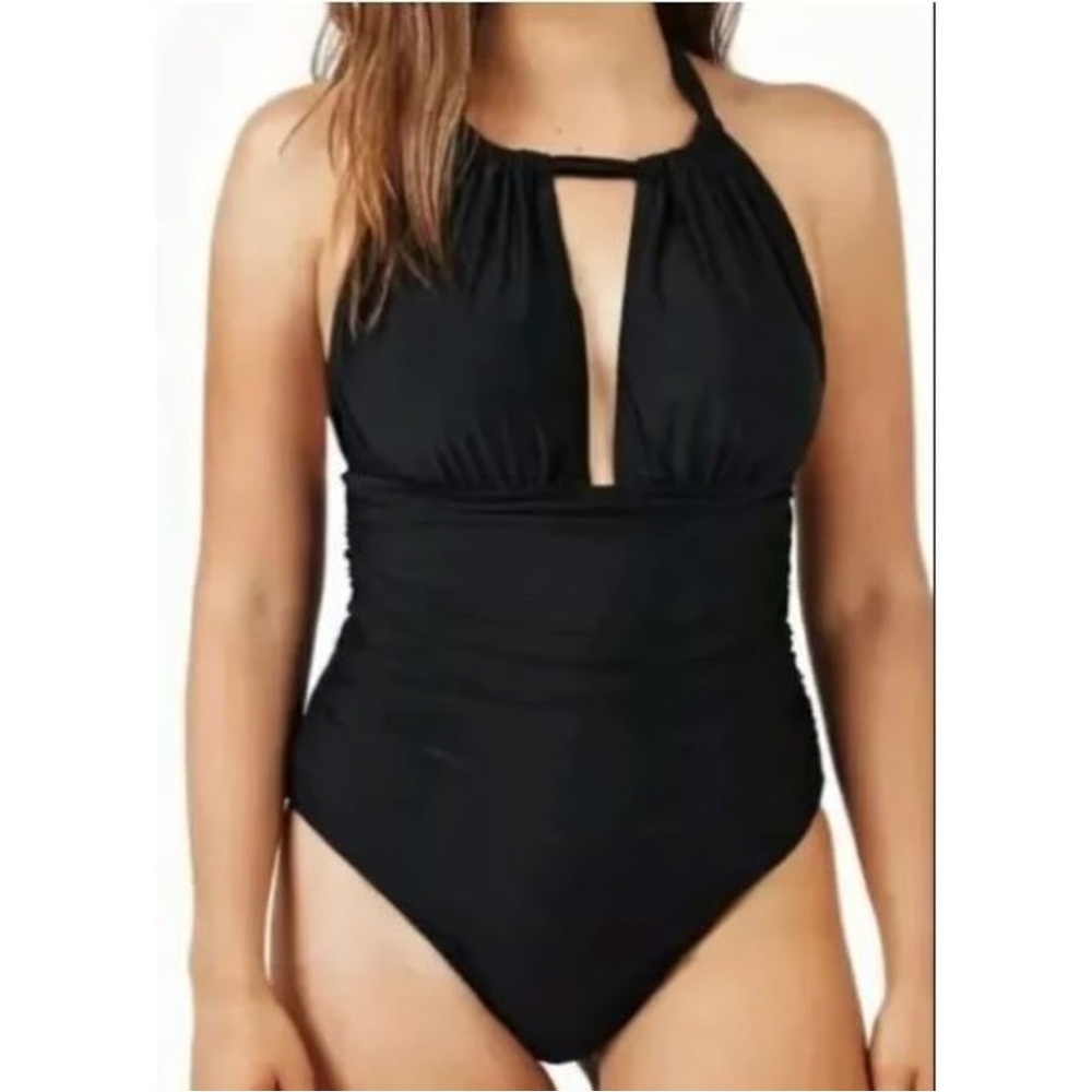 Simply Fit 1X Plus Size High Neck Ruched One Piece Black Swimsuit